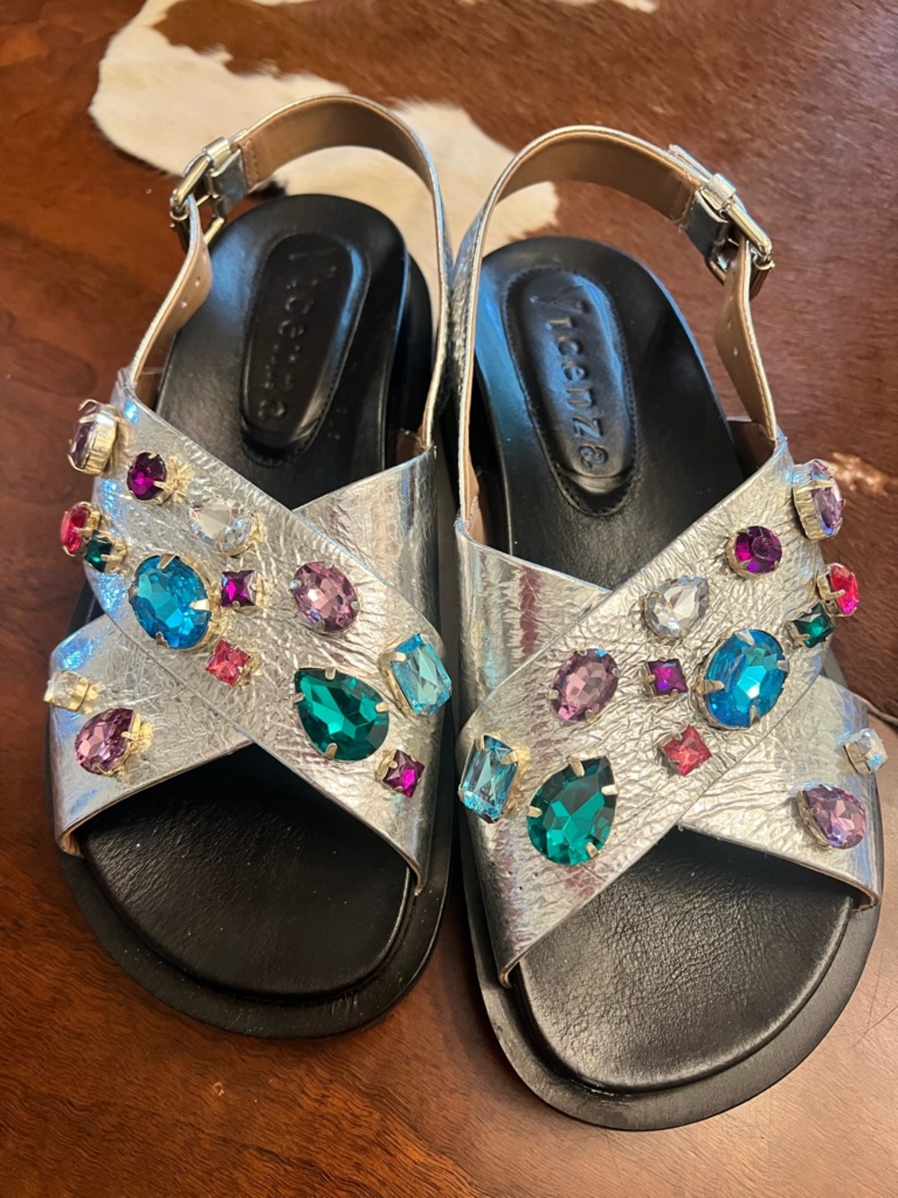 Embellished Metallic Silver Cross-Strap Sandals with Colorful Gem Accents